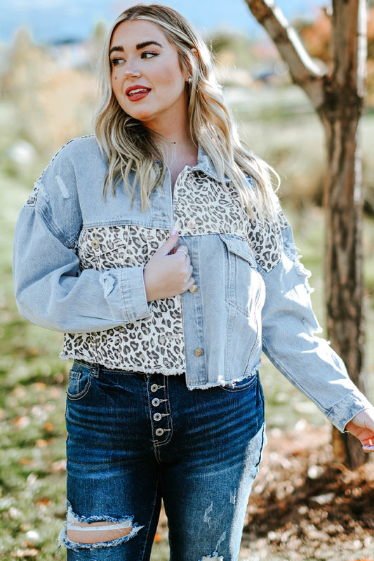 Plus Size Leopard Raw Hem Distressed Spliced Denim Jacket/1X