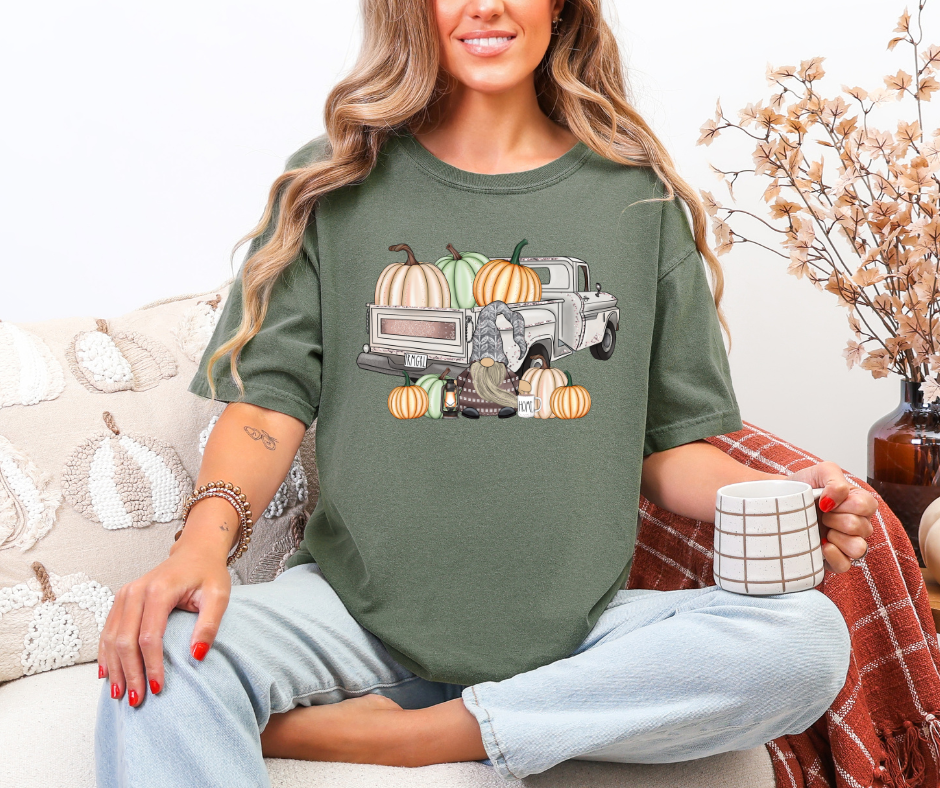 Pumpkins with truck and gnome