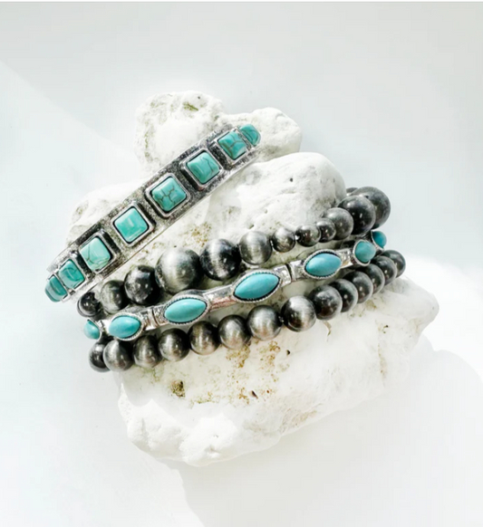 Turquoise & Silver 4 Strand Bracelet Stack.