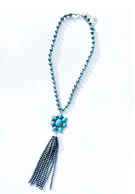 Silver Necklace with Turquoise and Beaded Fringe Pendant