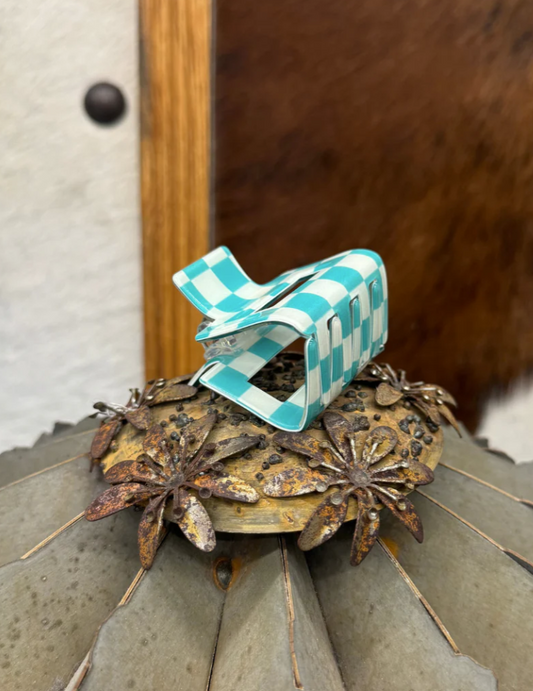 Mini Checked Funky Turquoise Clip