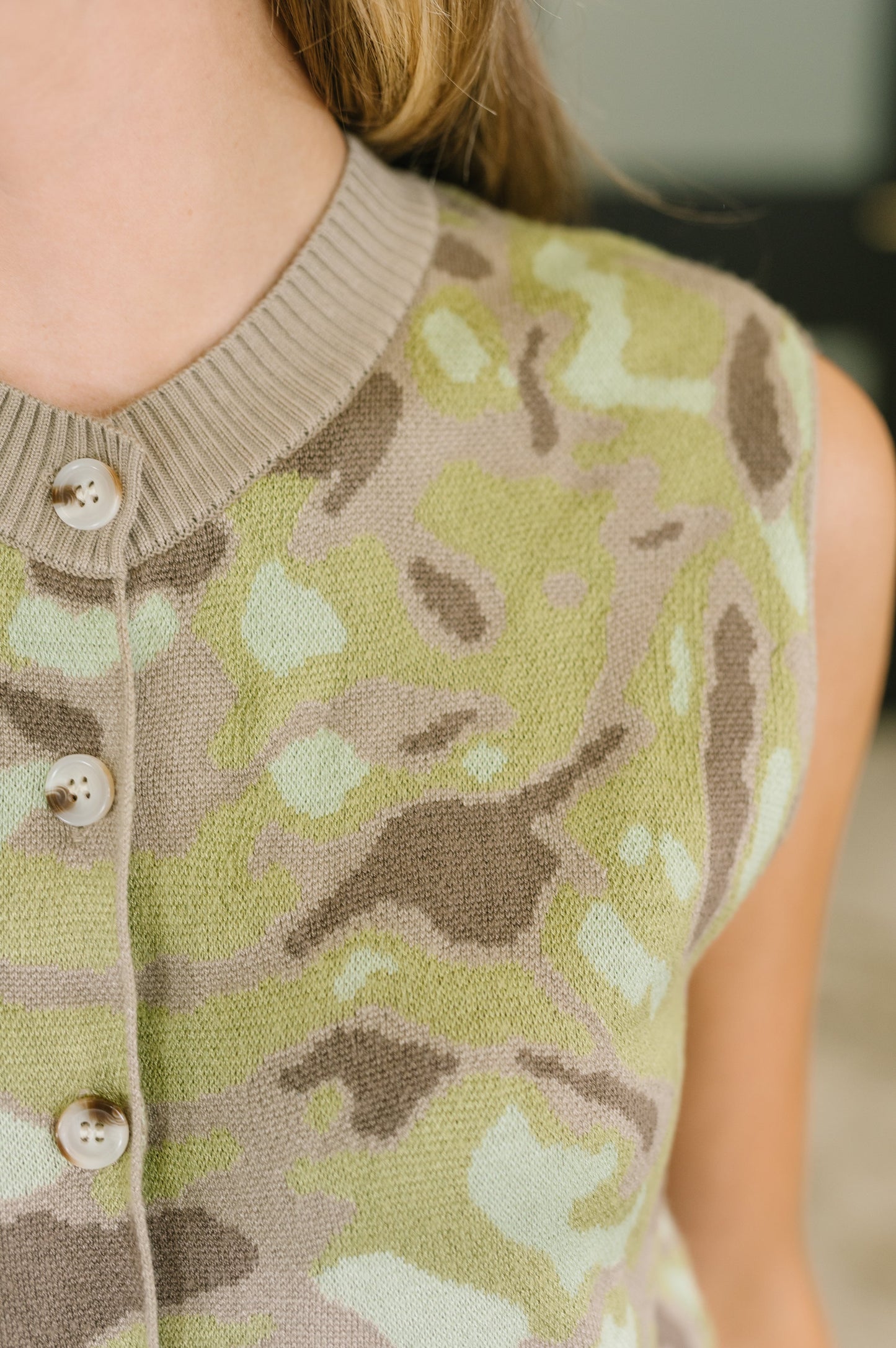 Show Yourself Camo Sleeveless Button Down Top