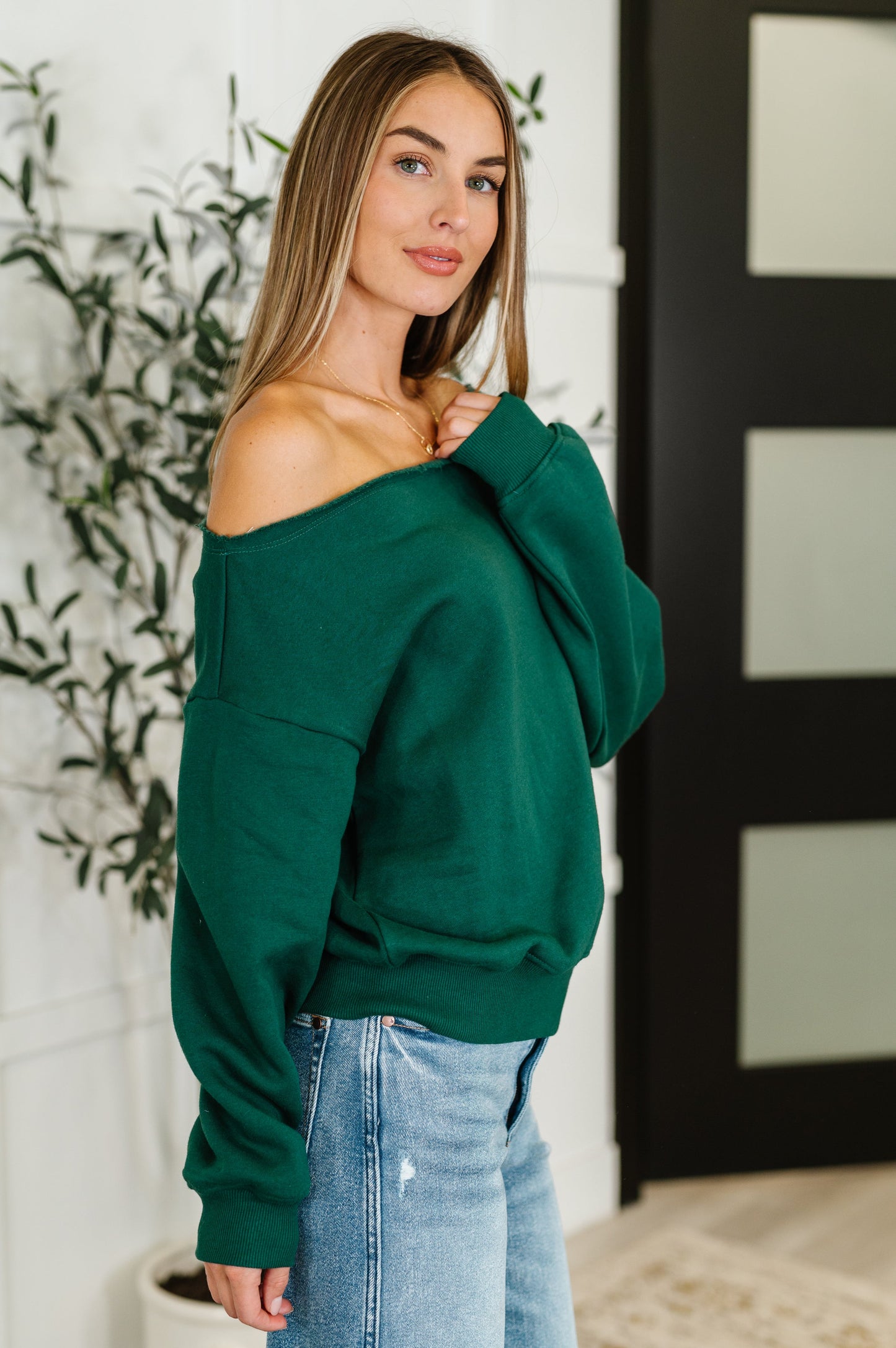 Side Hustle Off Shoulder Long Sleeve Top in  Hunter Green