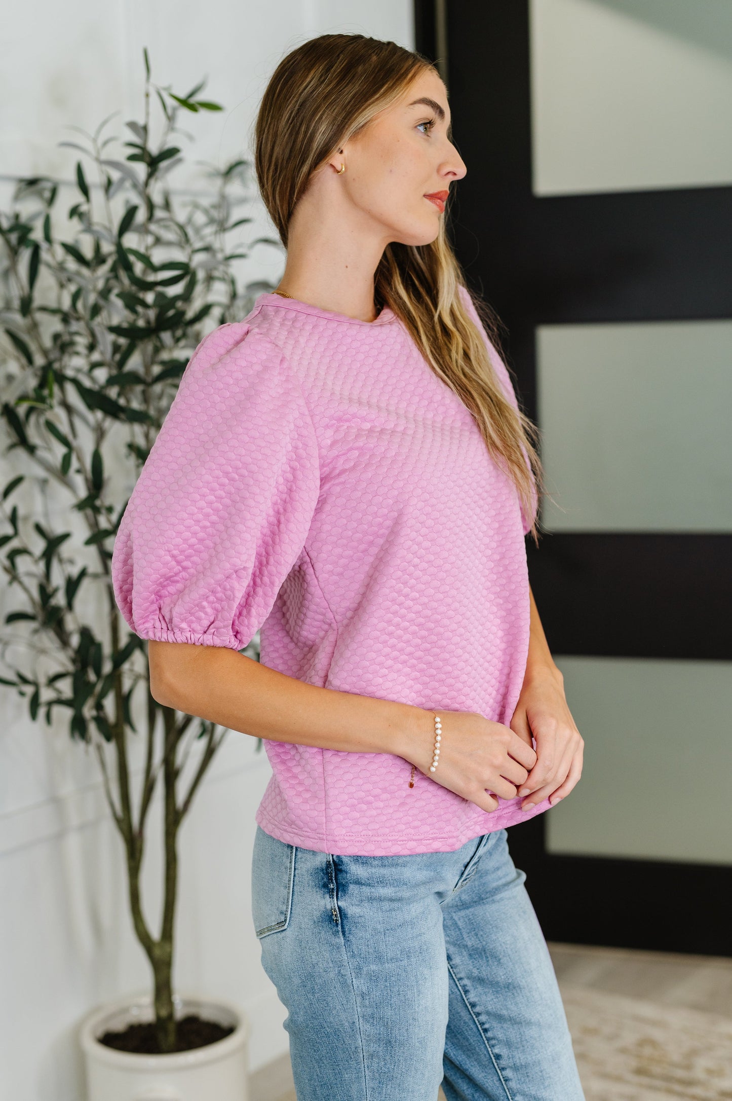 Textured Balloon Sleeve Blouse in Pink