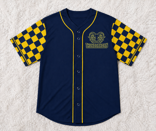 Pre-Order Baseball Shirt Thunderhorn Navy Jersey, with Navy and Yellow Sleeves