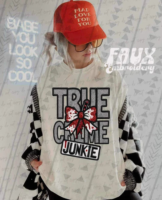 True Crime Junkie Bloody Bow Faux Embroidery