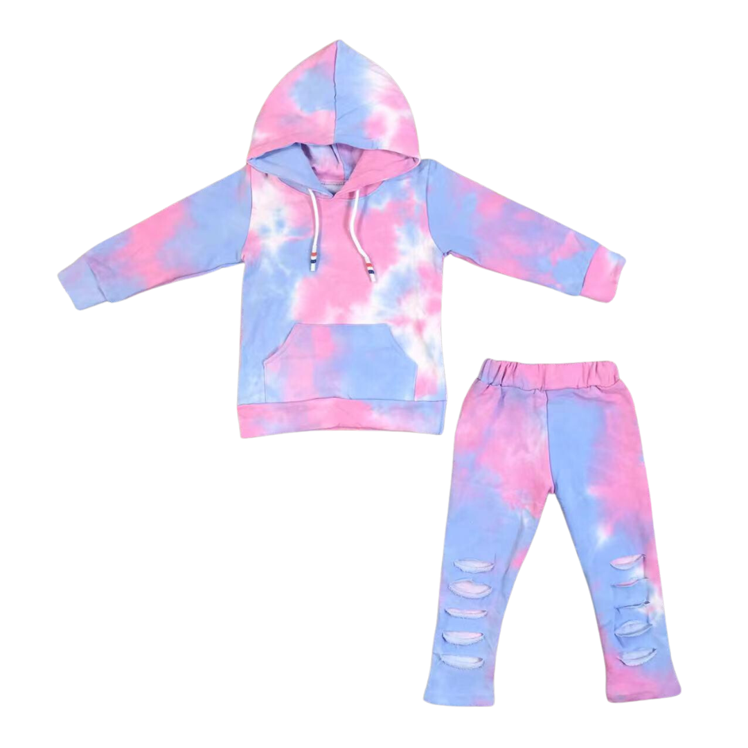 Pink and Blue Distressed Tie Dye Hoodie Set RTS