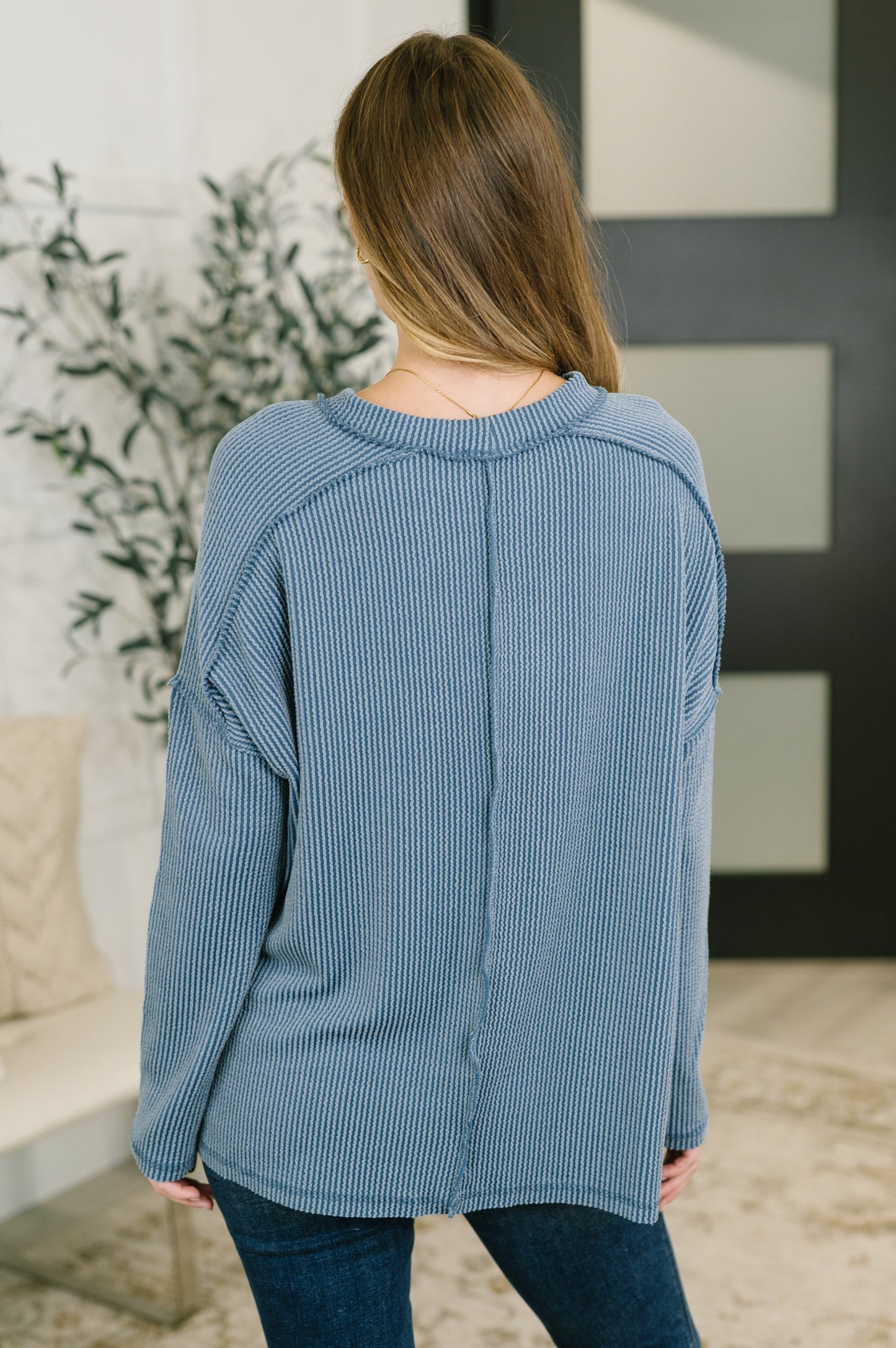 Wander & Rest Cable Ribbed Knit Drop Shoulder Top in Dusty Blue