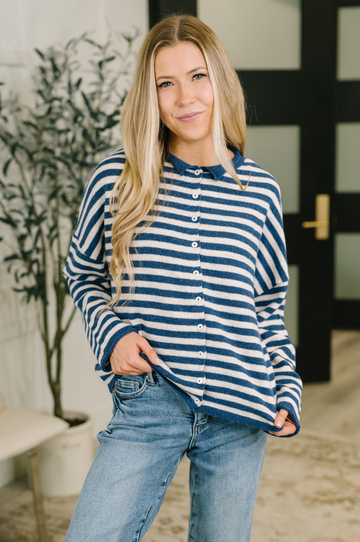 Won't Be Long Collared Sweater Button Down in Navy