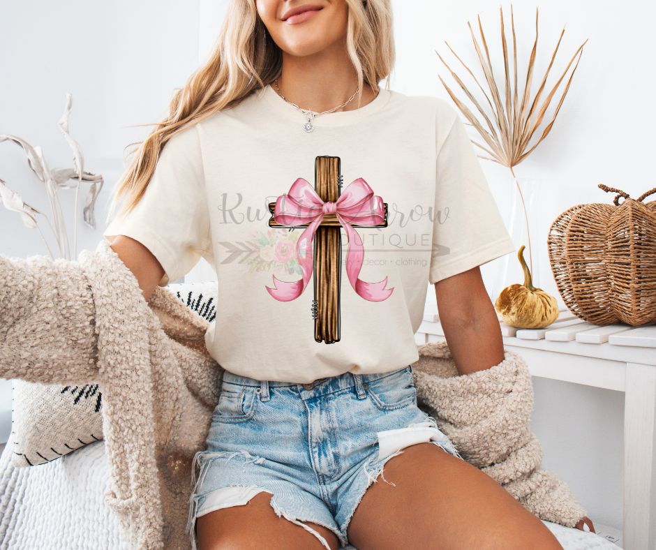 Wooden Cross with Pink Bow