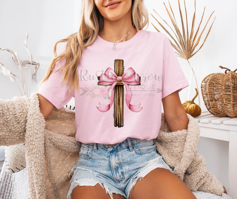 Wooden Cross with Pink Bow