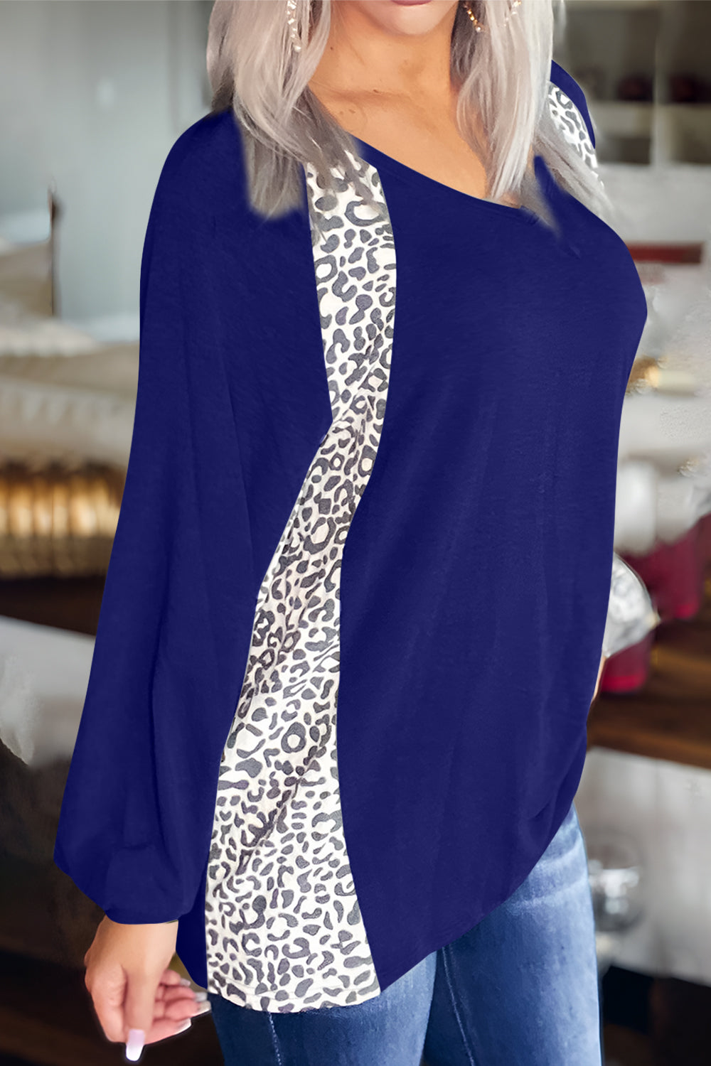 Full Size Leopard V-Neck Long Sleeve T-Shirt