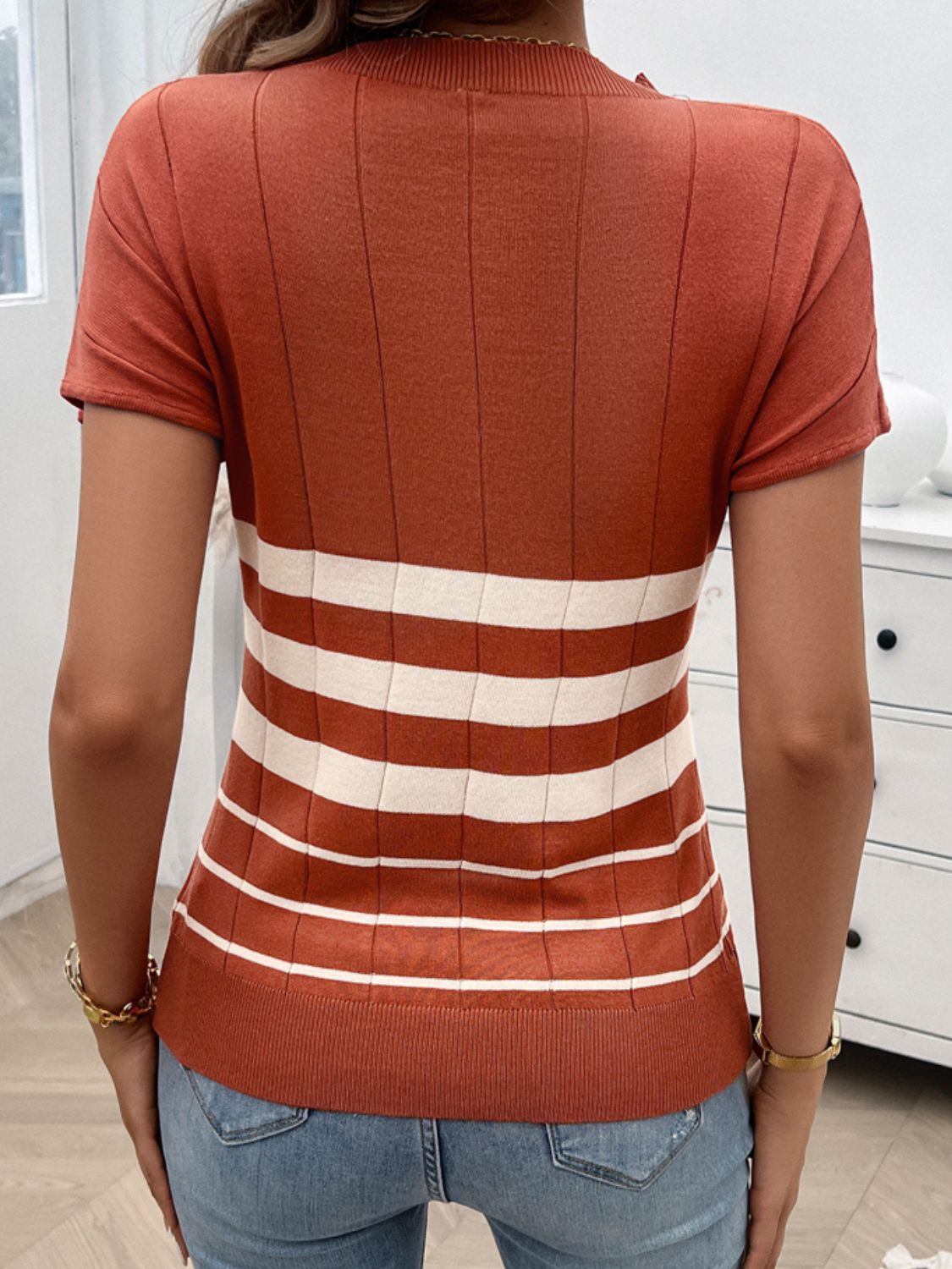 Striped Round Neck Short Sleeve Knit Top