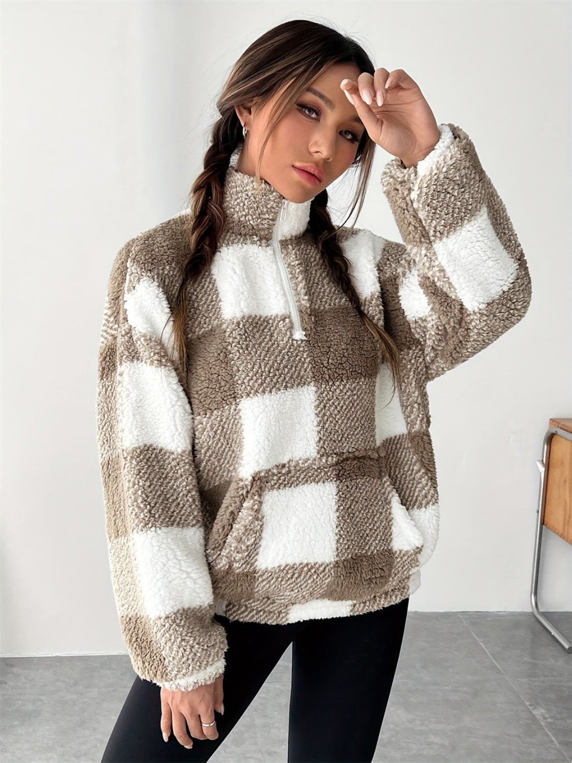 Plaid Half Zip Long Sleeve Teddy Sweatshirt