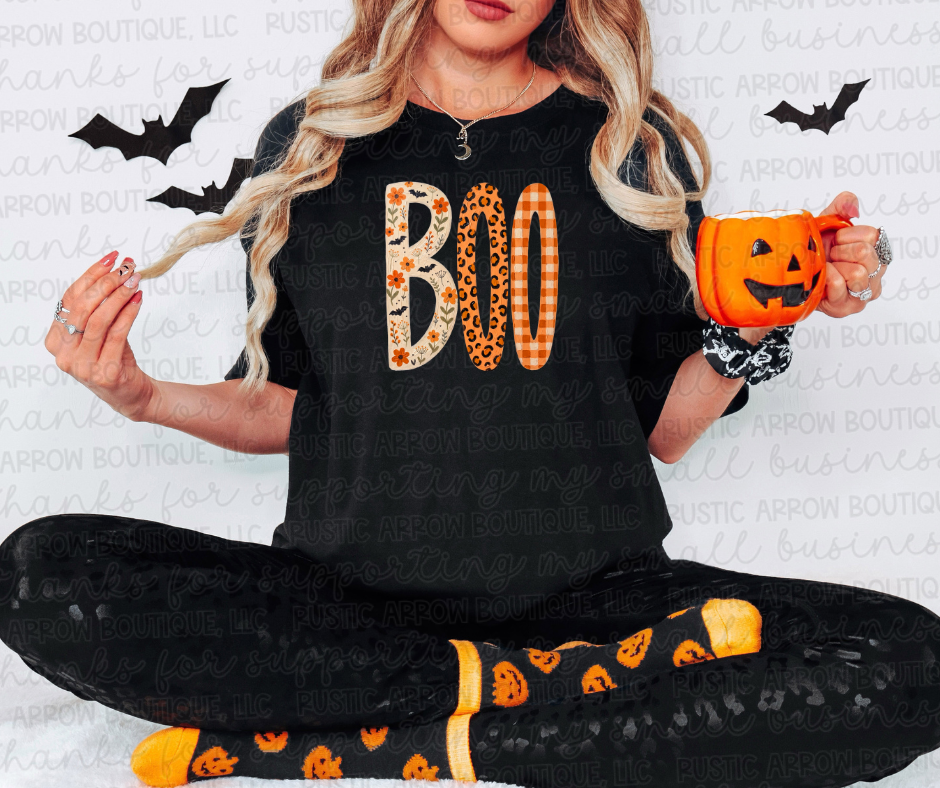 Boo Halloween Leopard Floral Gingham
