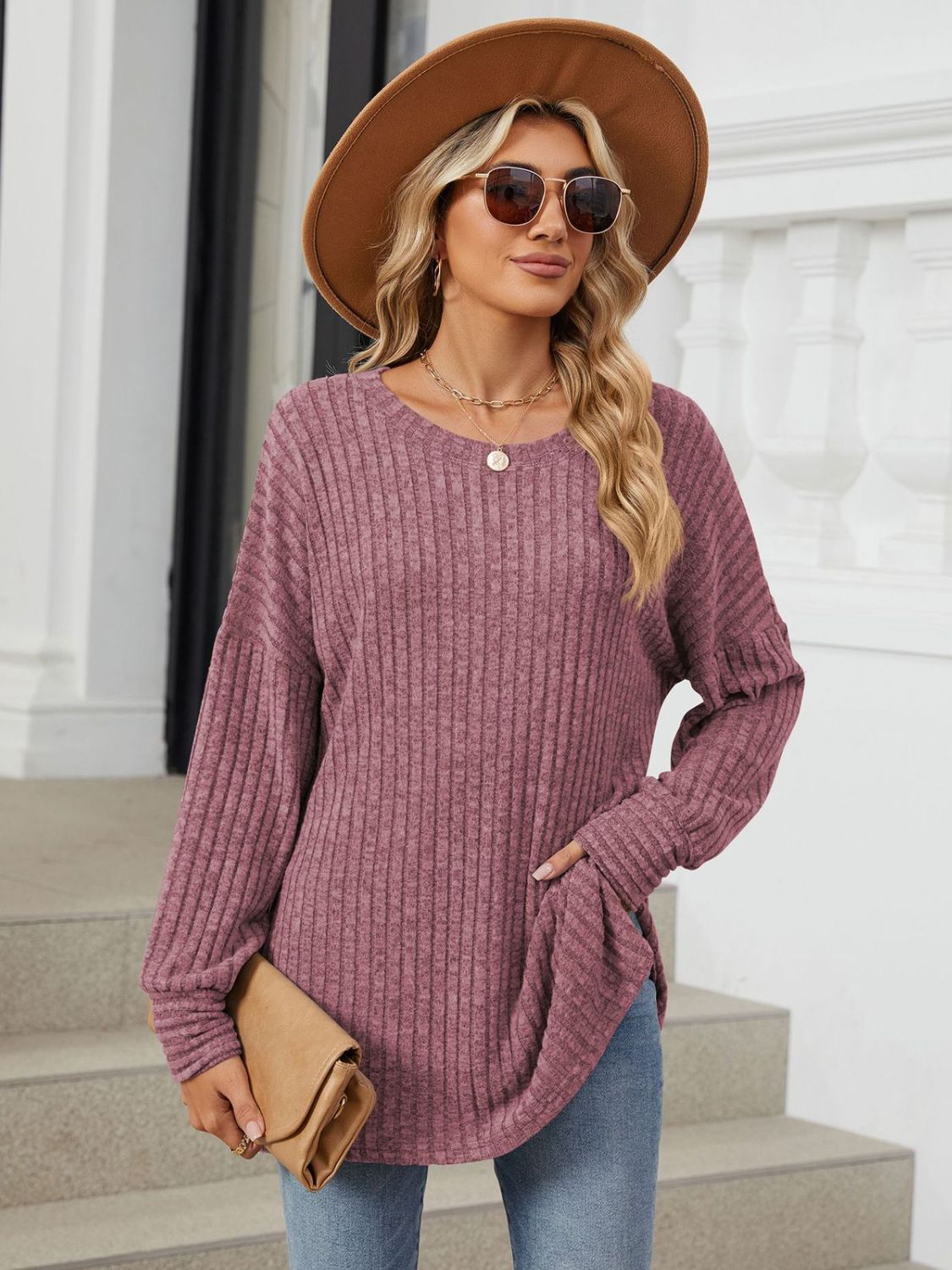 Ribbed Round Neck Long Sleeve T-Shirt