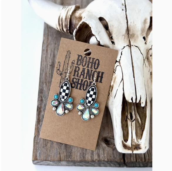 Western Style Playing Card, Checkerboard Drop Dangle Earring