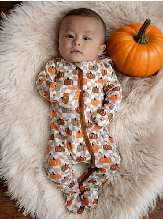 2-Way Zip Footie, Pumpkin Checkerboard