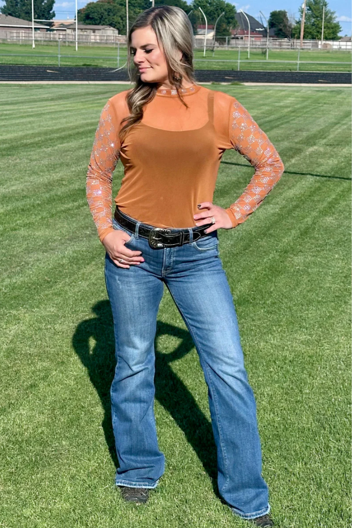 Checked In Burnt Orange Mesh Top