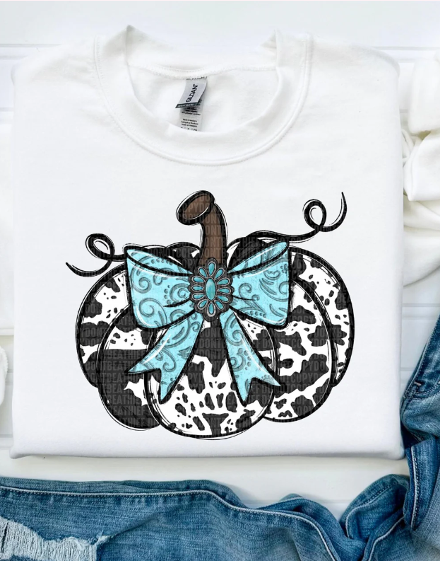 Cowprint Pumpkin with Turquoise Bow-Short Sleeve