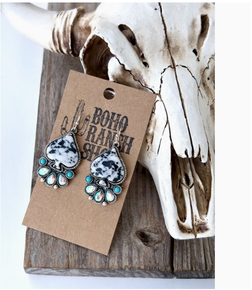 Western Style Spade Stone & Rhinestone Drop Dangle Earrings