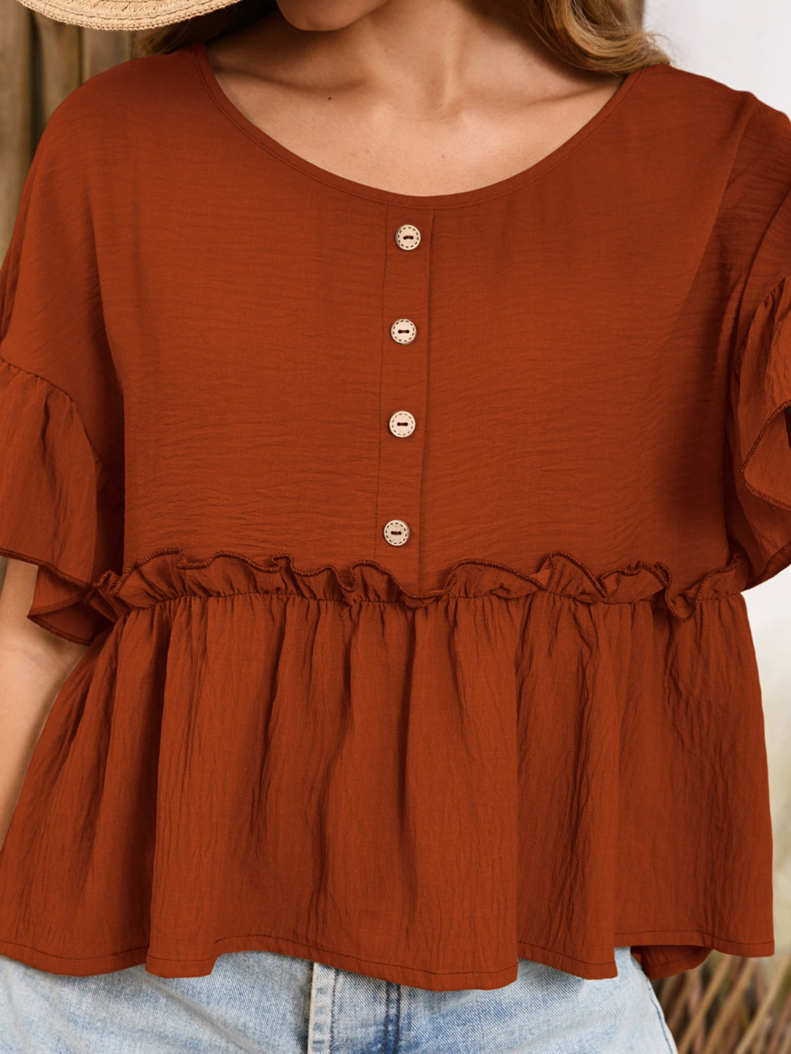 Frill Decorative Button Round Neck Half Sleeve Blouse