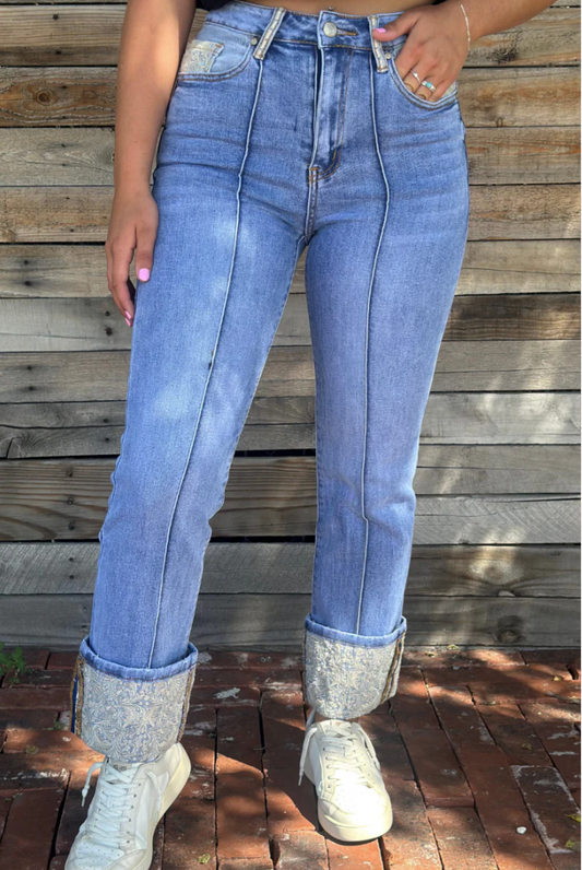 Kreek Embroidered Cuffed Jeans
