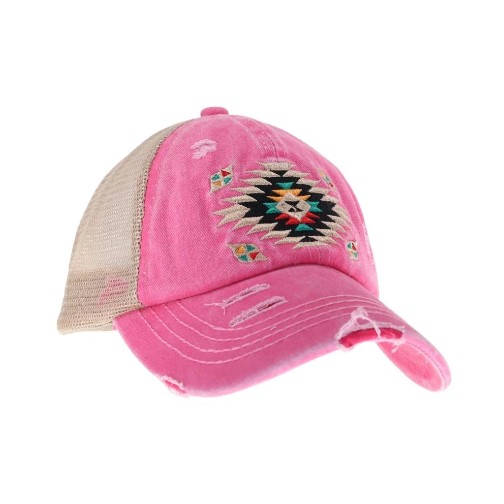 Distressed Aztec Patch Criss Cross High Pony C.C Ball Cap BT1018