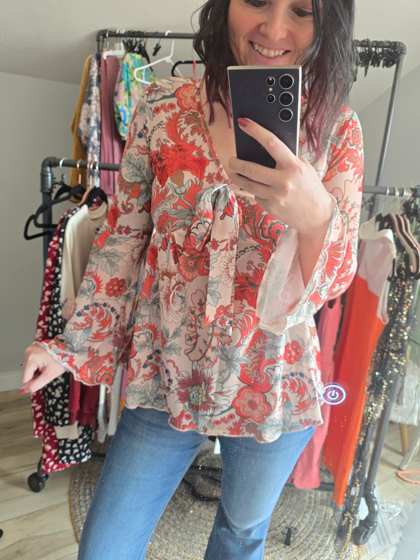 Orange Floral Bell Sleeve Blouse