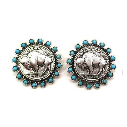 Western Buffalo Coin Turquoise Earrings