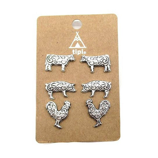 Western Etched Farm Animal 3 Pair Earring Set