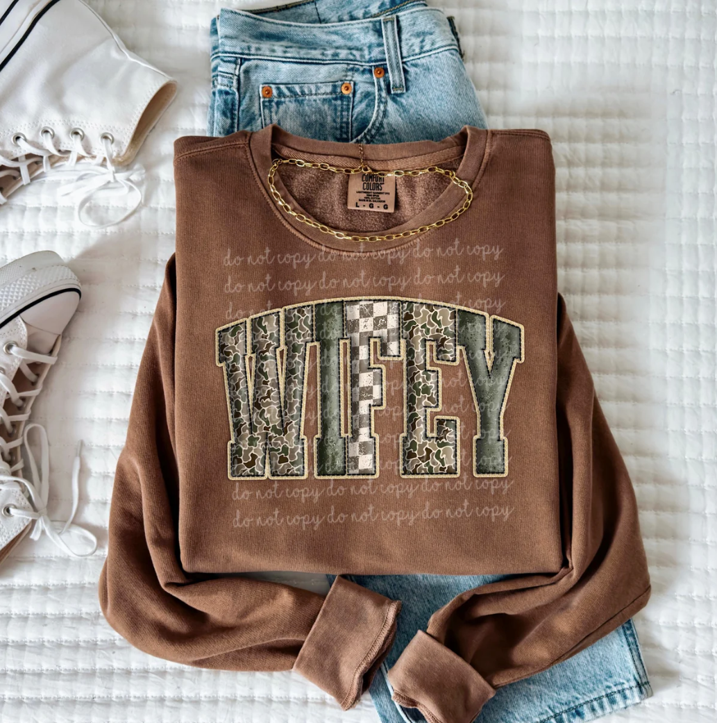 Wifey camo and checker varisty font