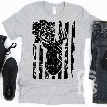 Distressed American Flag and Buck-Black