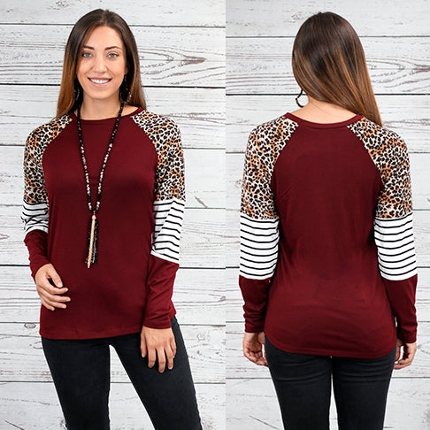 Leopard and Stripes Long Sleeve Top-3X