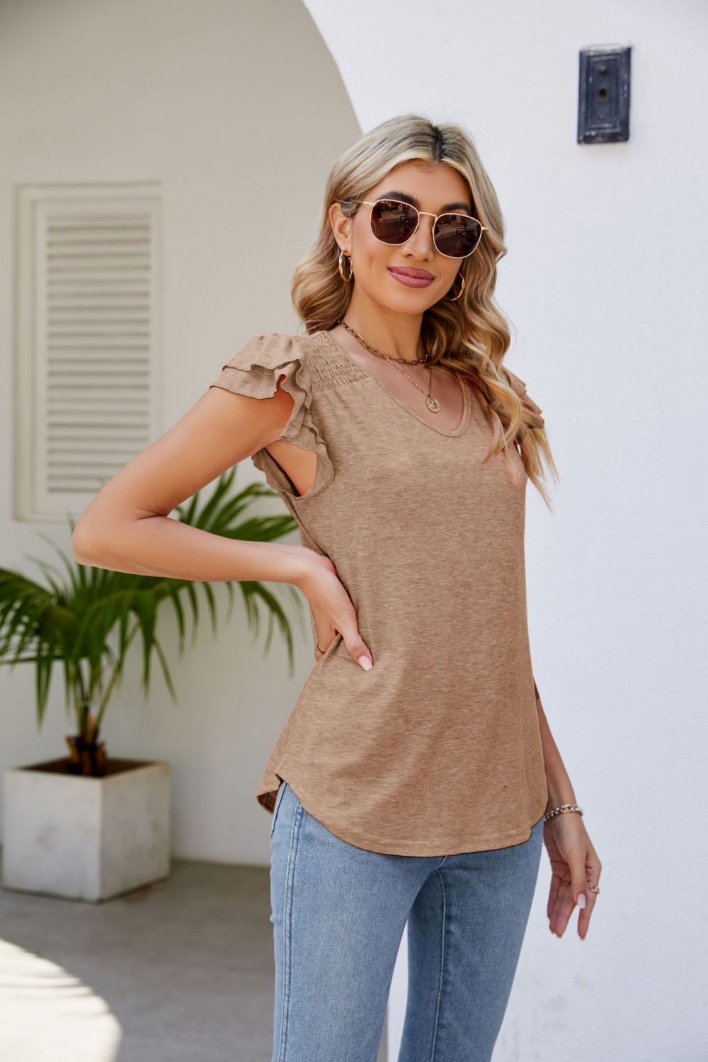 Smocked Flutter Sleeve V-Neck Top