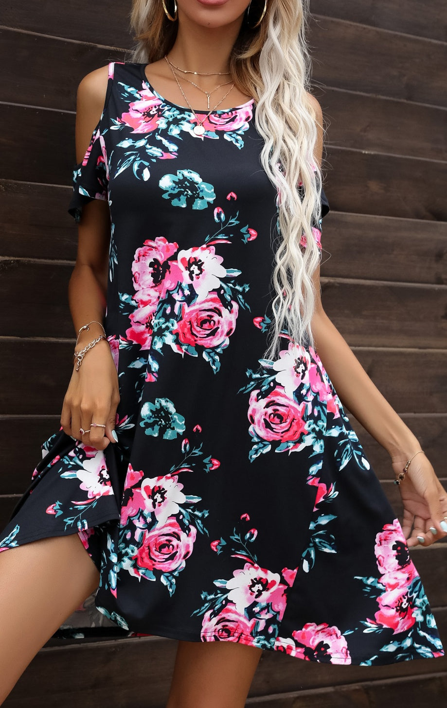 Floral Round Neck Cold-Shoulder Dress