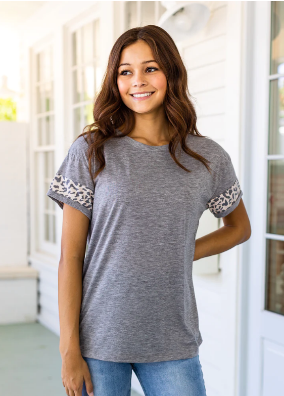 Leopard Livin' - Grey Leopard Ringer Tee